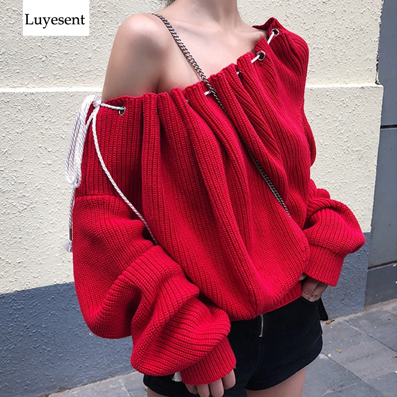

Christmas Red Shir Sexy Women Pullover Sweater 2019 Lady Slash Neck Drawstring Loose Knit Top Warm Retro Sweaters Ruched Jumpers
