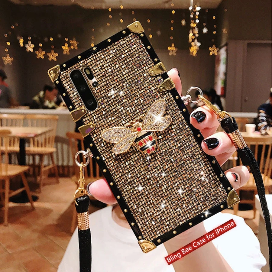 

For iPhone X 11 Pro Xs Max Xr 10 Retro 3d Bee Square Bling Glitter Case For iPhone 7 8 6 6s Plus Luxury Lanyard Coque Fundas