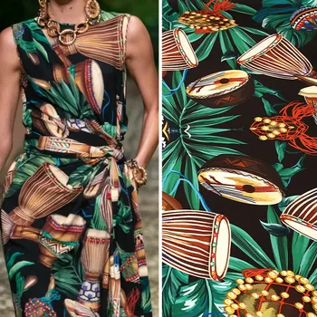 

150 cm wide printed stretch satin fabric drum musical instrument printed stretch fabric satin dress handmade DIY fabic cloth