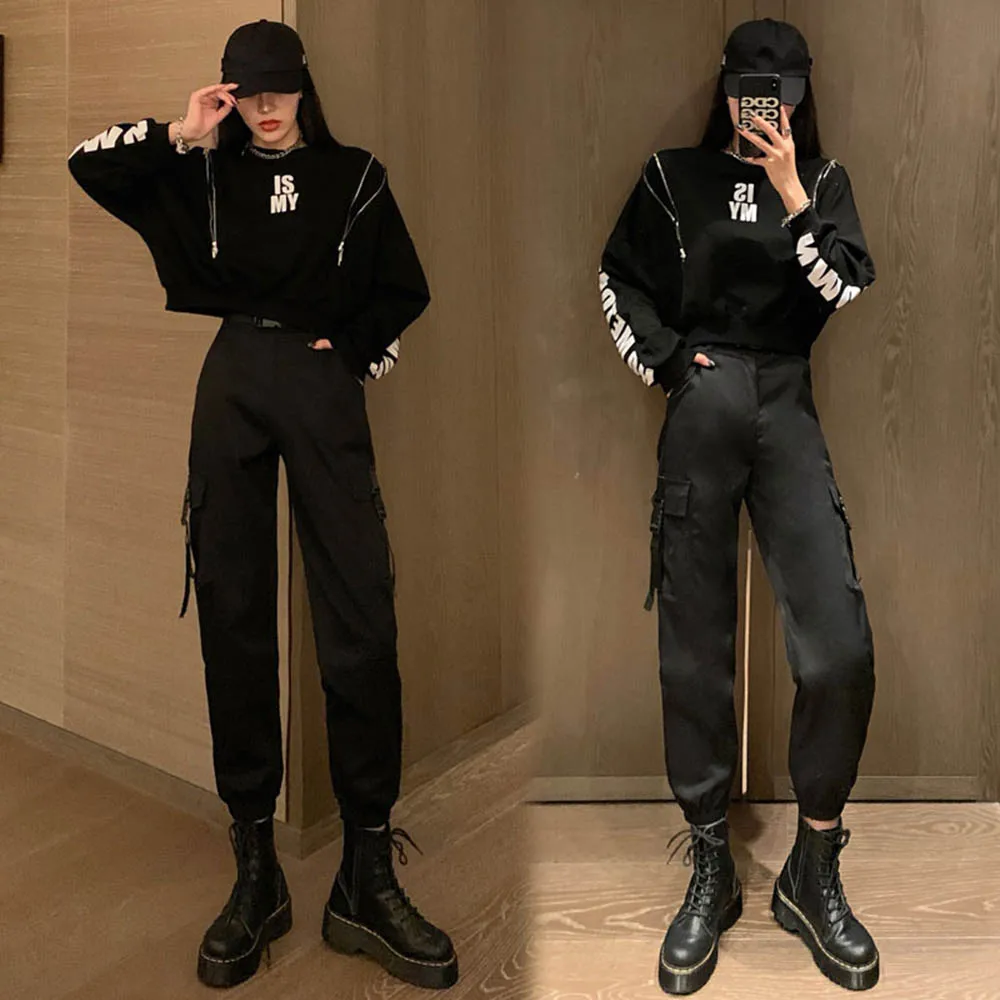 

Korean Version Locomotive Two Pieces Suit Bat Sleeve High Waist Overalls Sweater Street Fashion Letter Zipper Suit