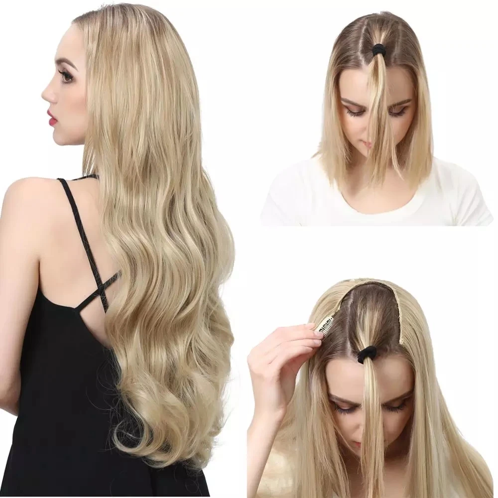 Elegant Premium Synthetic U Part Wig Half Up Half Down And Head 3/4 Clip in Curly Black Blonde Dark Brown Hair Extensions 30"