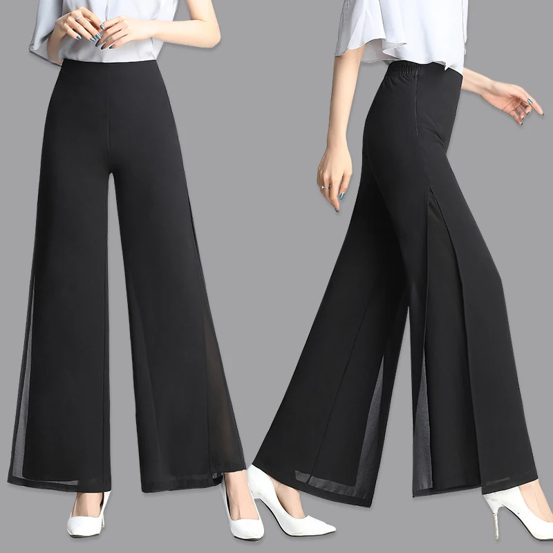 

Dance Pant High Quality Solid Chiffon Double deck Long Pants Women's Dance Trousers Cross Pants Casual Wide Leg Pants