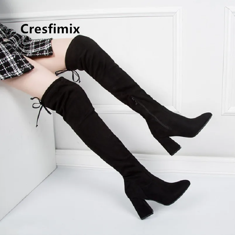 Cresfimix botas/Женские Модные осенние ботинки из искусственной кожи на высоком каблуке 8 см женские повседневные Зимние Сапоги выше колена черного цвета a7072