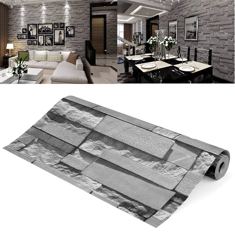 

3D Wallpaper Sticker 0.53x10m Dark Gray Brick Pattern Textured Non-woven TV Background Decoration Stone Brick Wall Paper