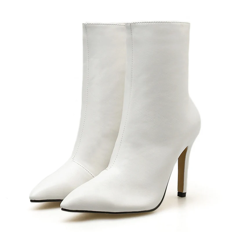 

2019 Fashion Women 10cm High Heels Fetish Leather Stripper Boots Thin Heels Ankle Socks Autumn Zip White Boots Pointed Toe Shoes