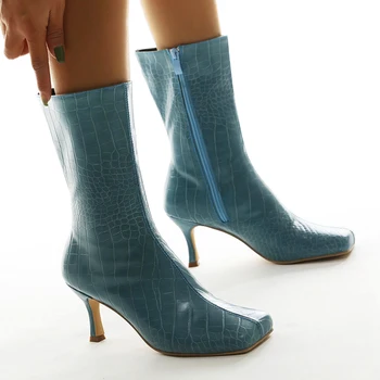 

8cm Heel Square Toe High Heels Boots Blue Shoes Ladies Boots Plus Size 42 Ankle Boots Fashion Party Dress Shoes Botaa De Mujer