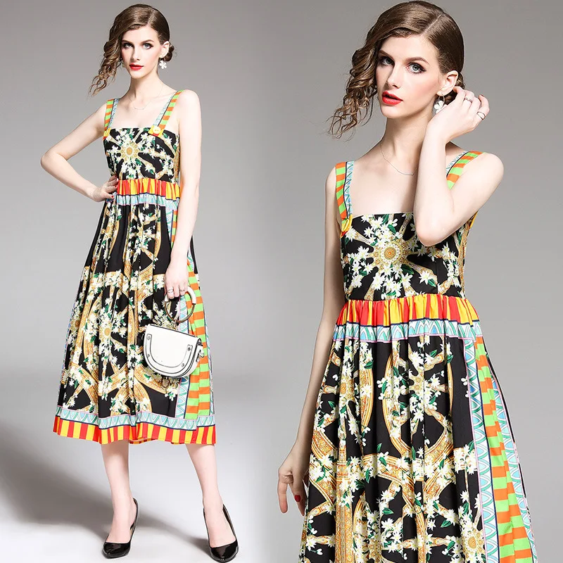 

Ozhouzhan Europe And America Women's Dress 2019 Spring And Summer New Style Printed Mid-length Strapped Dress