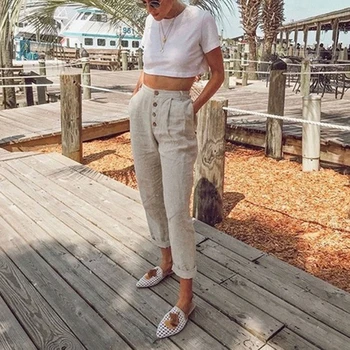 

L-3XL Pants Trousers Buttons Plus size Women's Casual Long Loose Harem