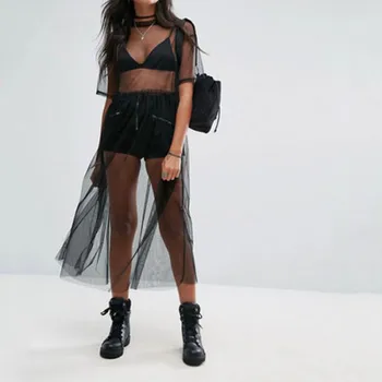 

Women's Sexy Summer Dress Thin Mesh Tulle Perspective Short Sleeve Night Club Swim Beach Dress платье женское