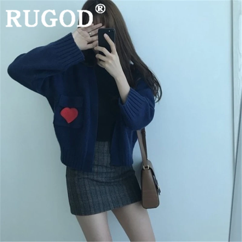 RUGOD/ осенний теплый свитер, кардиган с ажурным узором, с аппликацией в виде сердца, свободное трикотажное пальто vinatge, модное женское элегантное шикарное пальто - Цвет: Тёмно-синий