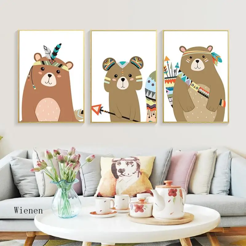 Cute Cartoon Animal Posters Watercolor Deer Bear Fox Wall Art Canvas Painting Prints Pictures for Baby Bedroom Decoration | Дом и сад