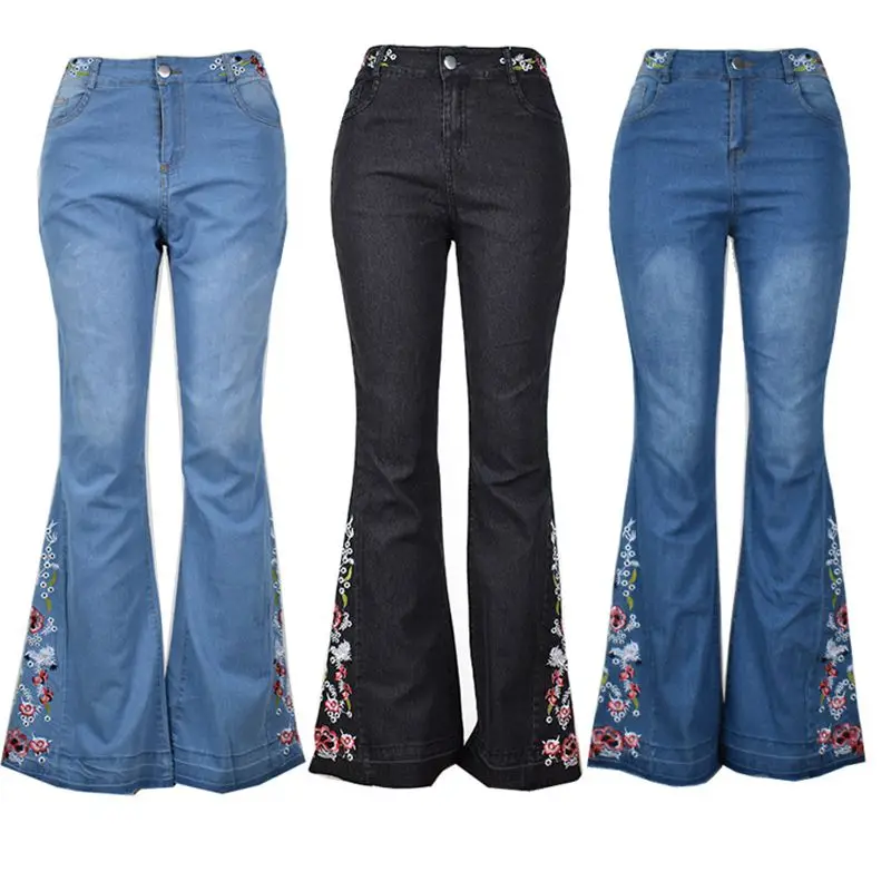 Women Flowers Embroidery Stretching Flare Jeans Trousers for Women Bell-Bottoms Jeans Wide Leg Pant Female Jeans Plus Size