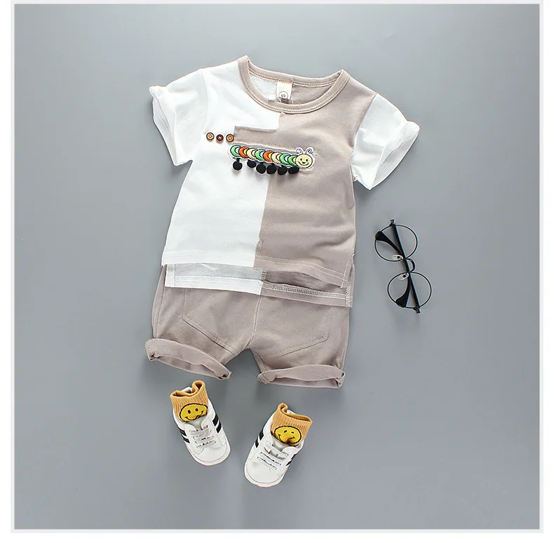 Summer New Baby Boys Cartoon animal Short Sleeve O Neck T-shirt+ Casual Loose Shorts Sportswear Clothing Sets Kids 2Pcs Suits - Цвет: Коричневый