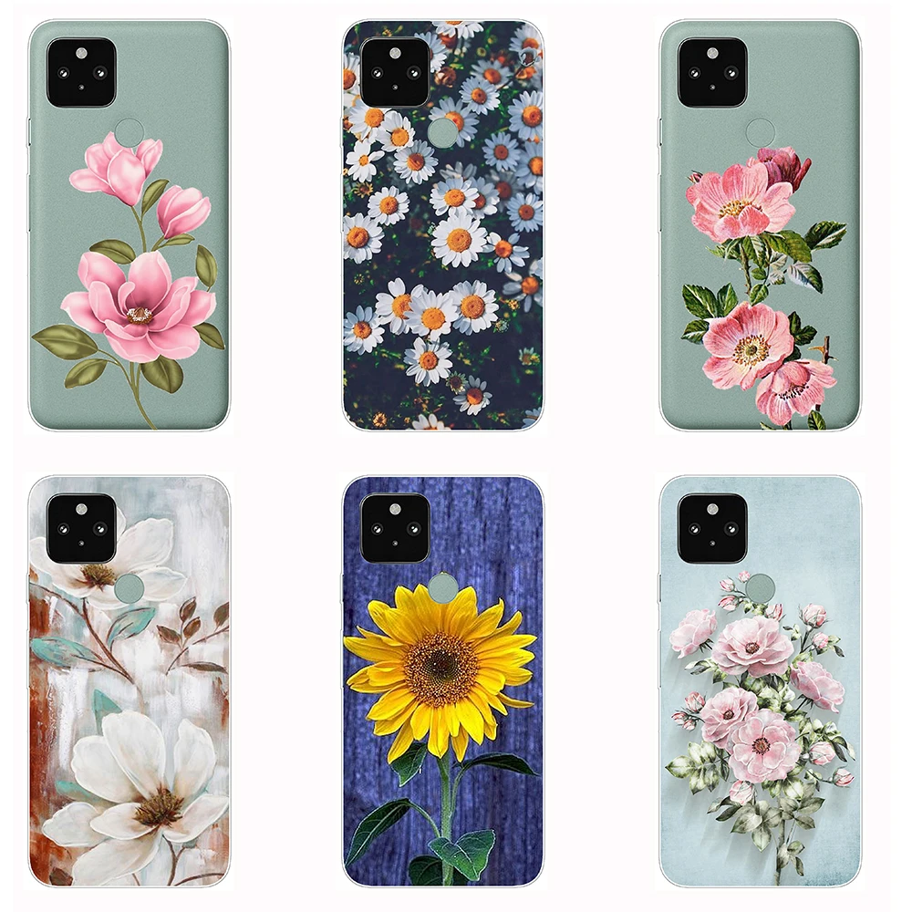 

Case for Google Pixel 5 Silicon Flowers Transparent Soft Women's Case Flexible Dirt-resistant Shockproof Flexible Fitted Case