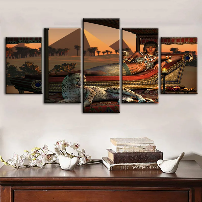 

No Framed 5 Pieces Ancient Egyptian Pyramids Cleopatra Wall Art Canvas Posters Pictures Paintings Home Decor for Living Room