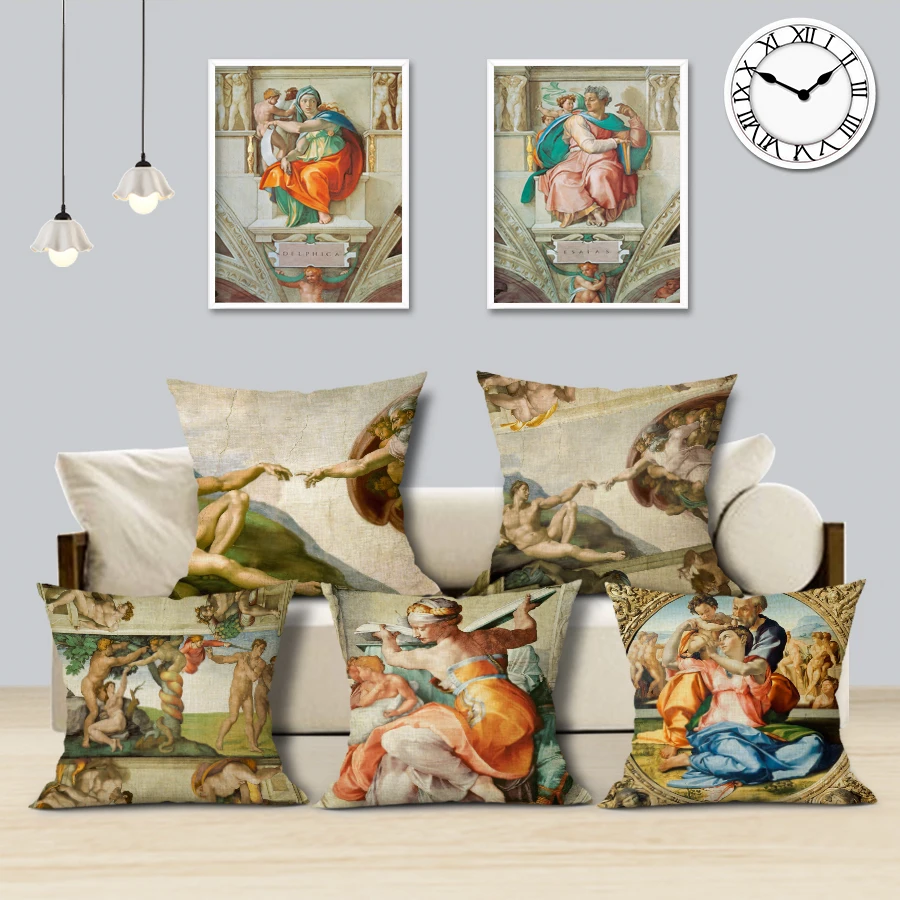 Michelangelo Famous Oil Painting Art Sofa Pillow Case Italian Renaissance Genesis Mural Decoration Throw Cushion Cover | Дом и сад