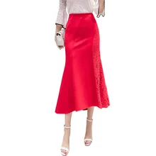 Весна Осень Русалка миди Офисная Женская юбка красная с высокой талией облегающая с кружевом сбоку юбки плюс размер S-5XL