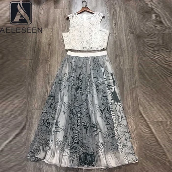 

AELESEEN Runway Fashion Women 2 Pieces Set 2020 Summer Sleeveless Short Lace Vest + Vintage Flower Print Skirt Twinset Lady Suit
