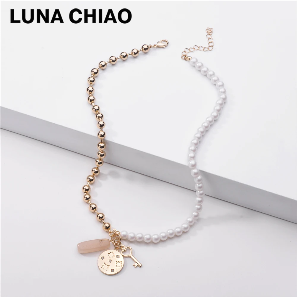 LUNA CHIAO Fresh Water Pearl Strand Necklace Gold Color Ball Chain Link Natural Stone Key Coin Charm Pendant Necklaces for Women | Украшения
