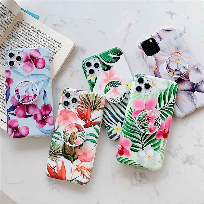 

Colorful Plants Art Flower Leaves Case For iPhone 11 Pro Max X XS Max XR 8 7 6 6S Plus Grip Stand Holder Silicone TPU Cover Case