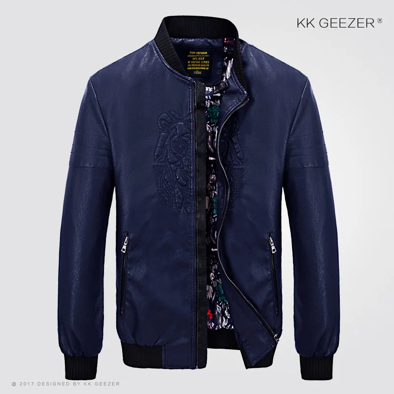 K5501 Deep Blue Кожаная куртка мужская куртка-бомбер мотоциклетная зимняя куртка коричневого цвета со стоячим воротником Осенняя Удобная высококачественная черная деловая куртка 4XL - Цвет: K5501 Deep Blue