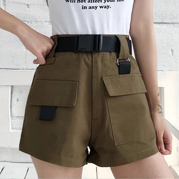 

YOCALOR Summer Women Cargo Shorts Korean Fashion High Waist Mini Shorts with Pocket Buckle Belt Casual Ladies Shorts *