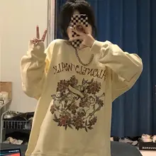 

Deeptown Vintage Gothic Streetwear Flower Print Oversize Beige Hoddie Women Punk Harajuku Sweatshirt Female Pullover White Tops