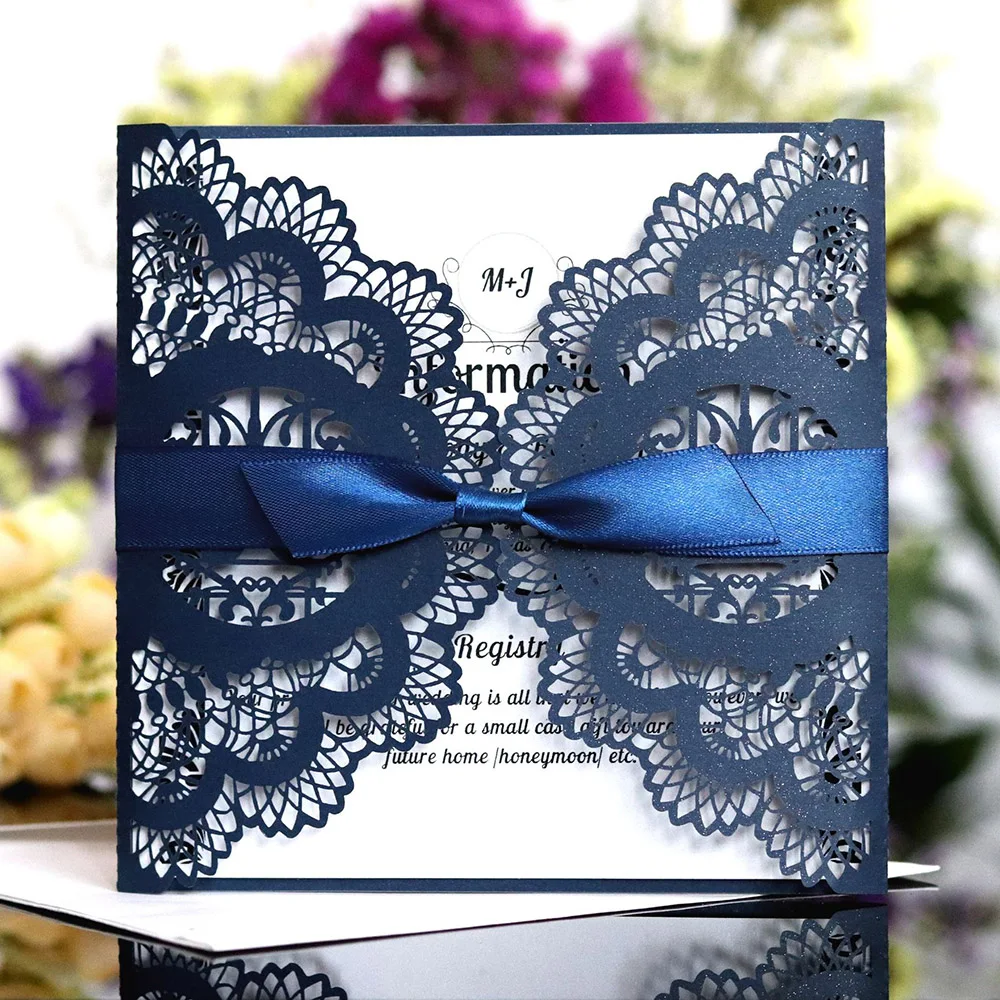  10pcs/Pack Elegant Laser Cut Wedding Invitations Card Paper With Ribbon Envelopes Square Lace Custo - 4.00027E+12