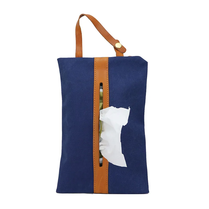 

High quality genuine vegetable tanned leather with canvas tissure storage bag hanging travelling car tissue organizer bag