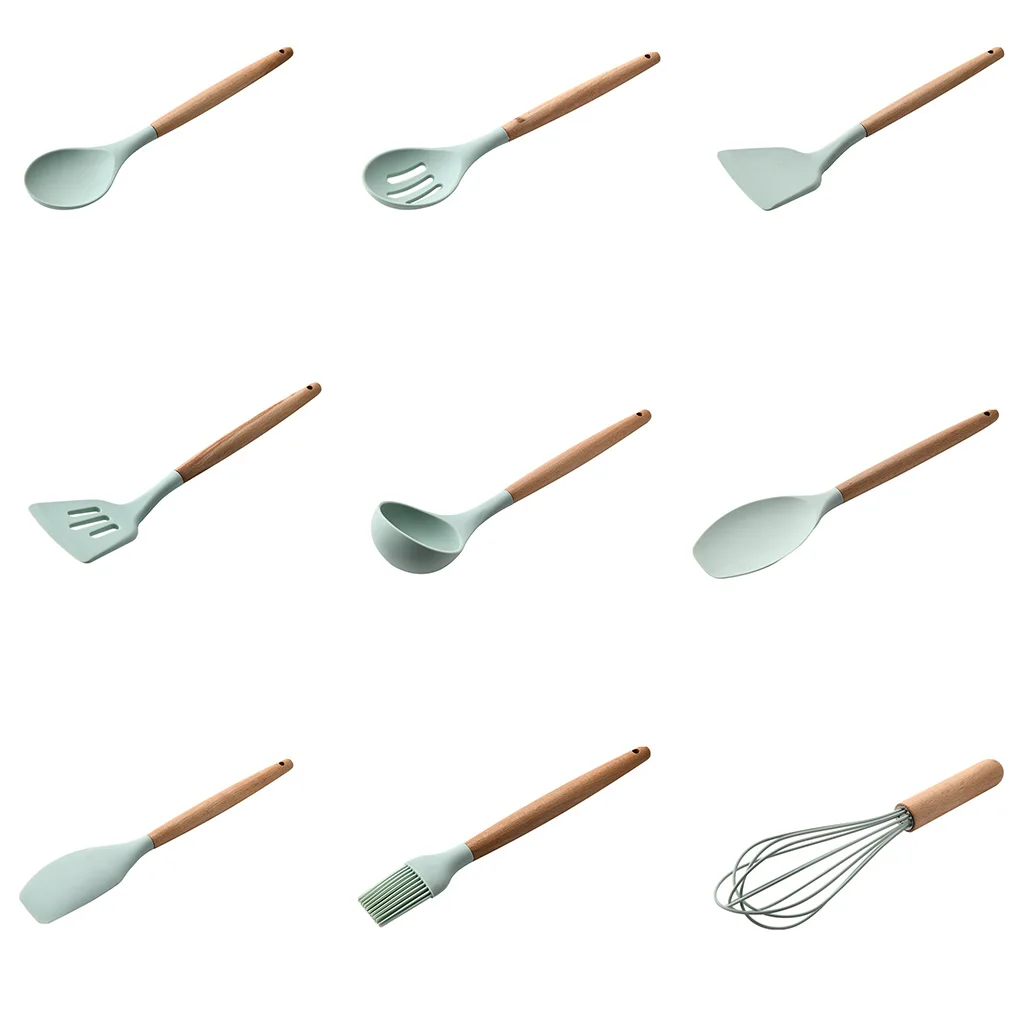 

Elenxs Wooden Cooking Sets Handle Spatula Soup Spoon Tuner Spoon Skimmer Brush Egg Beater Non-Stick Pot Kitchenware Tools