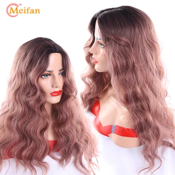 

MEIFAN Long Middle Part Mix Rose Gold Womens Wigs Heat Resistant Synthetic Wavy Curly Cosplay Wigs for Women