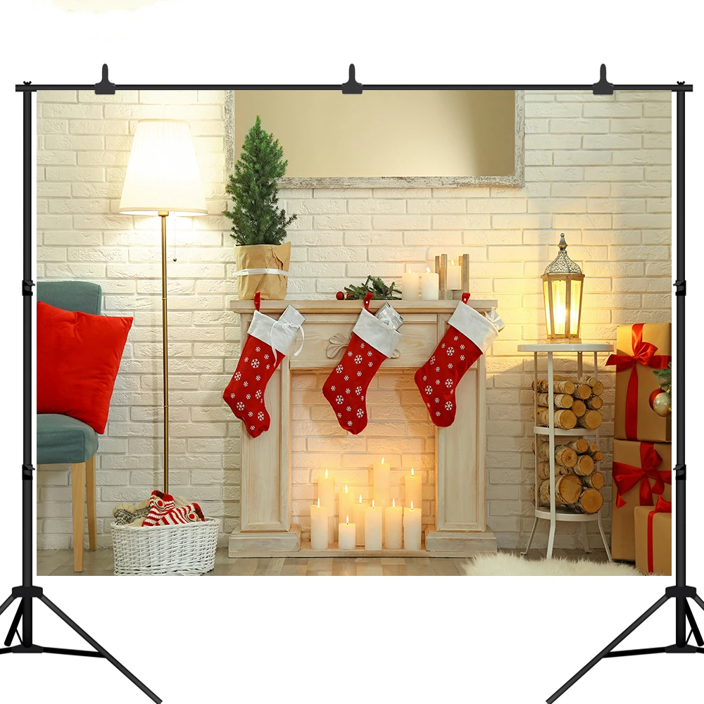 

Christmas Photography Backdrops Tree Fireplace Socks White Brick Wall Birthday Party Background Photocall Photo Studio
