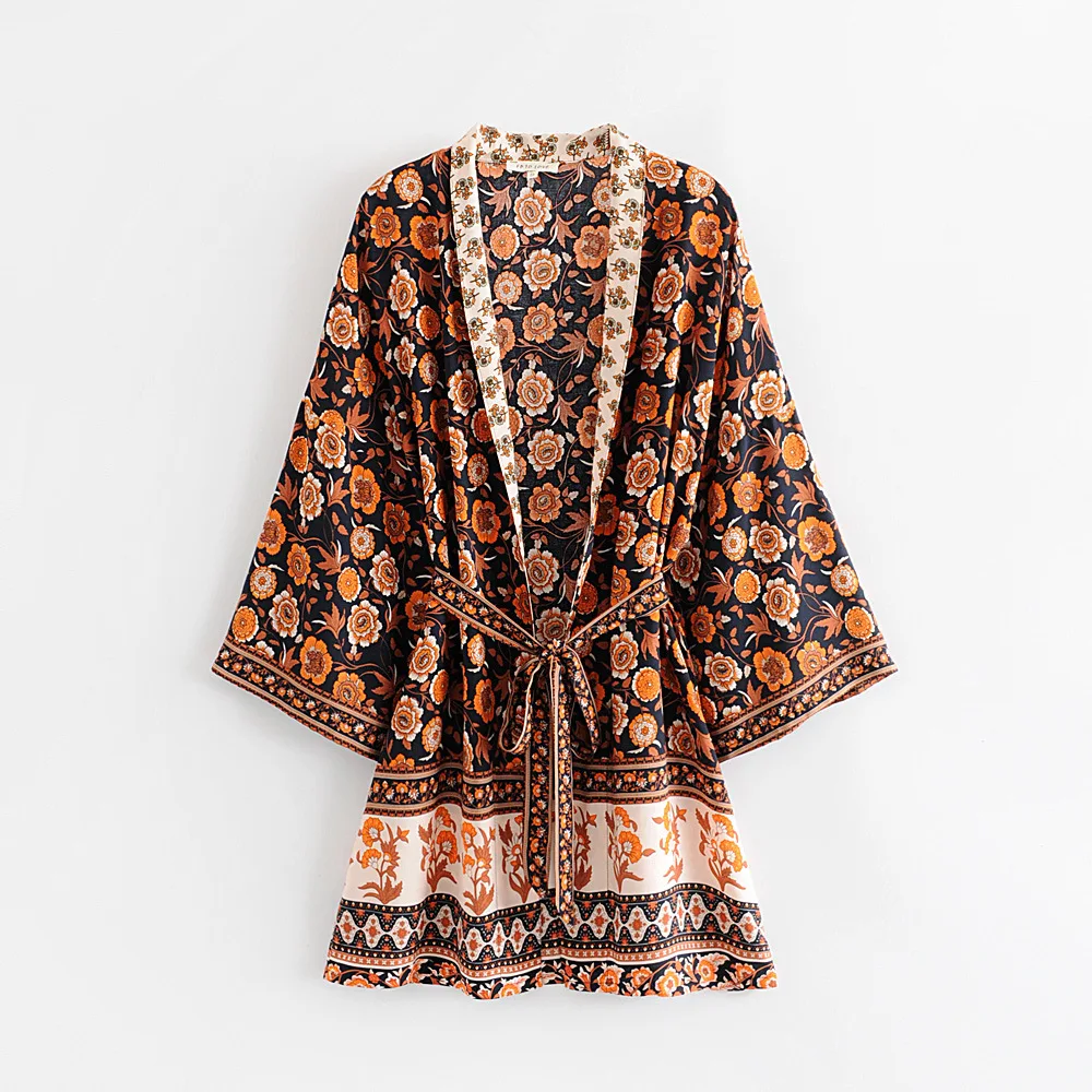 

2019 Western Style Spring And Summer WOMEN'S Dress New Style Black Flower Waist Loose-Fit Short Kimono