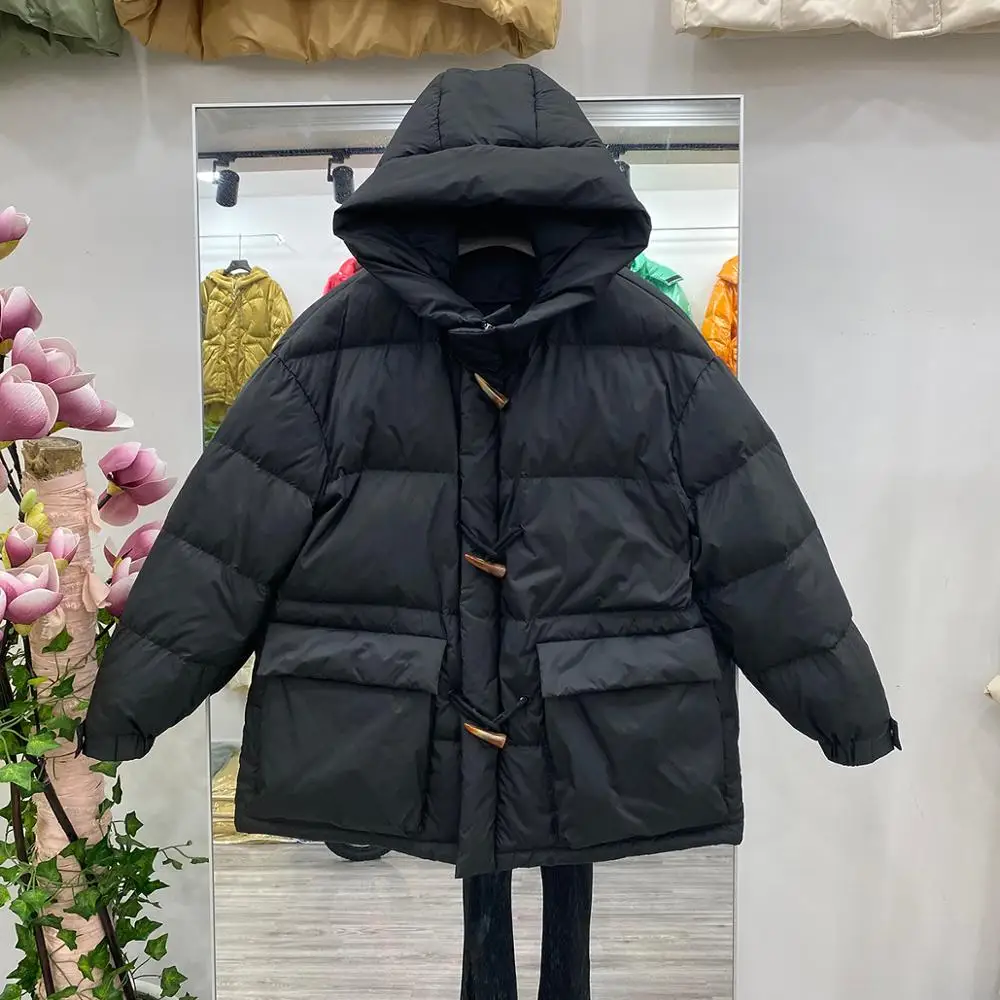 

2020 Winter Horn Button Down Parka 90% White Duck Down Jacket Thick Warm Loose Bread Hooded Female Down Coat Snow Overcoat New
