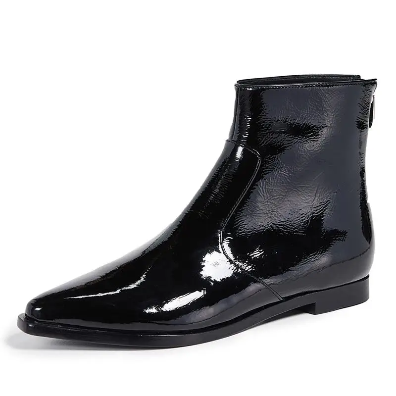 

Topwome Boots Black 2019 Ladies Spring Patent Leather Slip-on Pointed Toe Short Plush Solid Zipper Work Shoes Woman Fashion