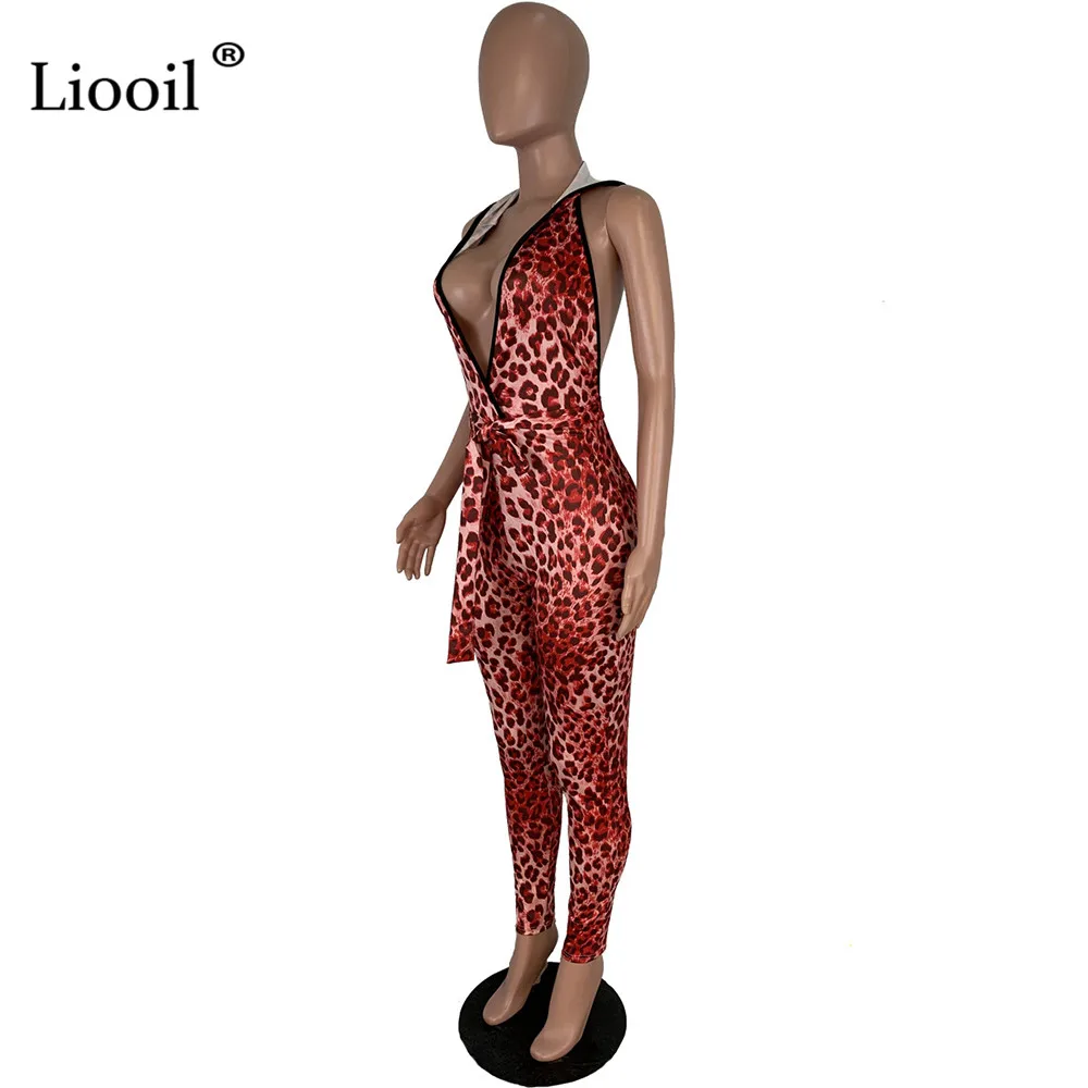 Liooil, Леопардовый принт, с капюшоном, сексуальный комбинезон в обтяжку с открытой спиной, без рукавов, v-образный вырез, шнуровка, бодикон, вечерние, Клубные комбинезоны, женский комбинезон