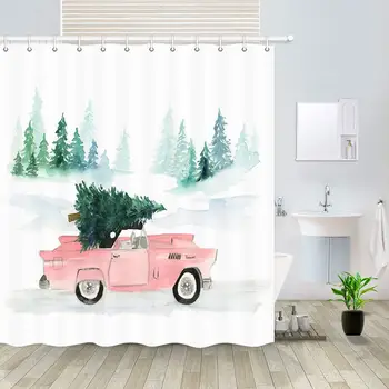 

Christmas Truck Shower Curtain, Vintage Truck in Snowy Winter Pine Forest Scene with Xmas Tree Bathroom Curtains, Fabric New