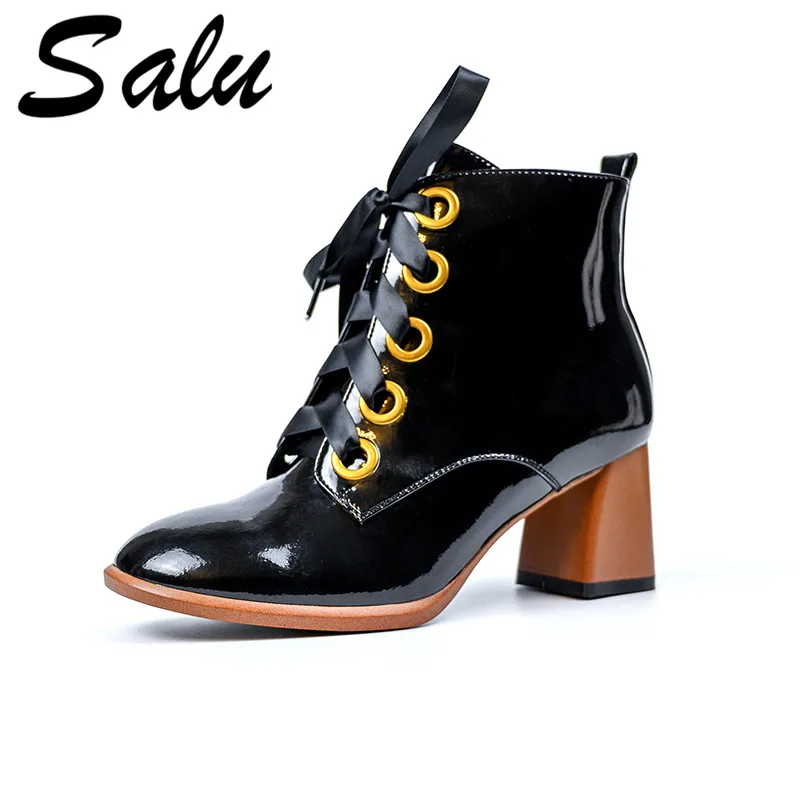 

Salu Top Quality Black Color Genuine Leather Women Ankle Boots lace-up Chelsea Boots Elegant round Toe Party Square Heels