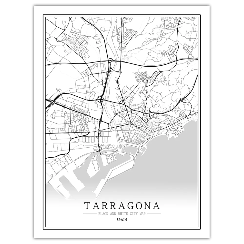 Испания черный белый мир Карта города плакат Скандинавская гостиная стены искусства картины Домашний декор холст живопись - Цвет: Tarragona