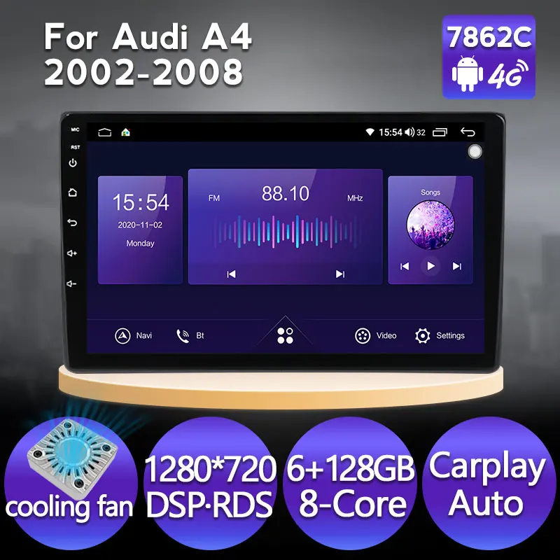 Автомагнитола для Audi A4 B6 1280-720 S4 RS4 2 din мультимедийный видеоплеер dvd Android 11 IPS 2002*2008 DSP