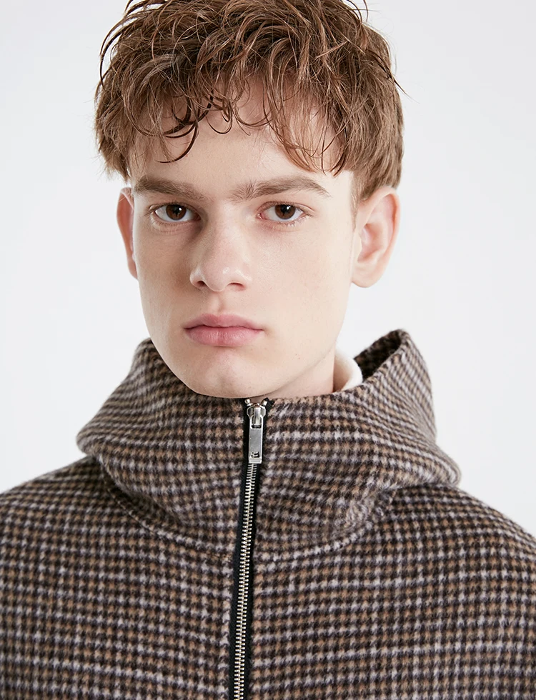 JackJones осеннее и зимнее клетчатое с капюшоном Мужское пальто средней длины шерстяное | 219127501