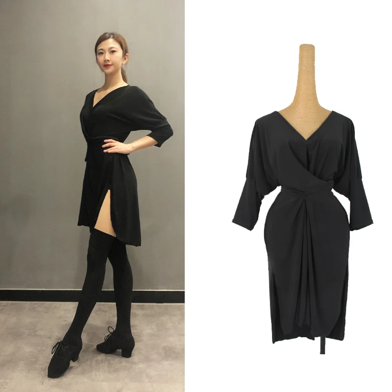

New Latin Dance Costumes For Women Half Sleeve Black Practice Clothing Latin Competition Dress Rumba Tango Samba Clothes DQL4210