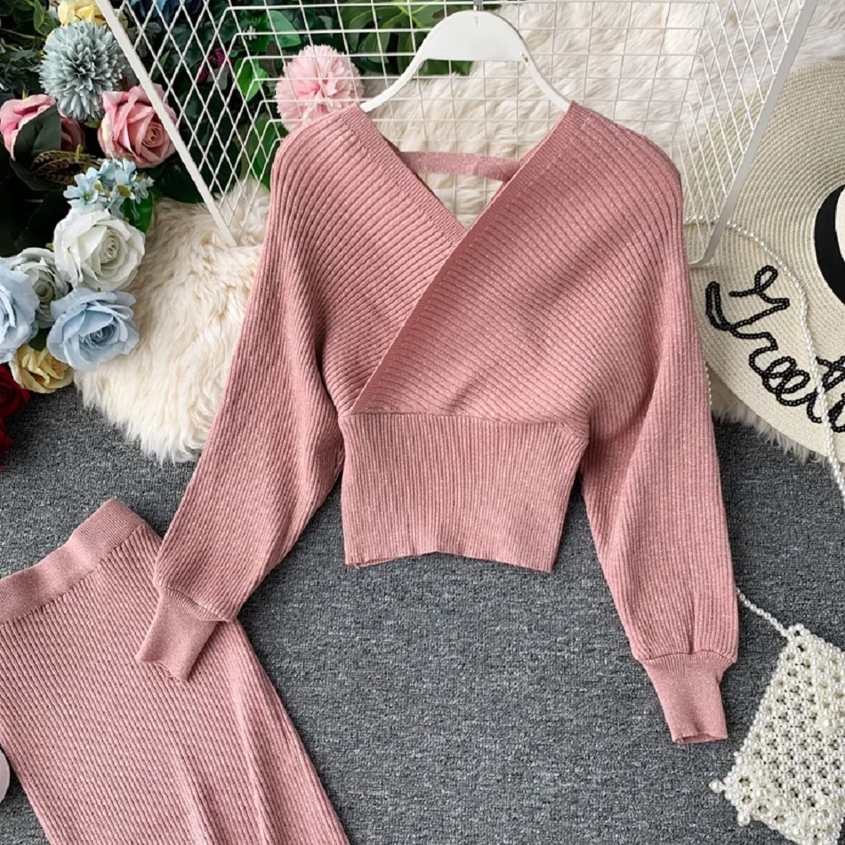 Genayoa, высокое качество, v-образный вырез, комплект из двух предметов, юбка, шикарный розовый свитер, Женский комплект 2 шт., два предмета, наряды,, шикарные женские костюмы