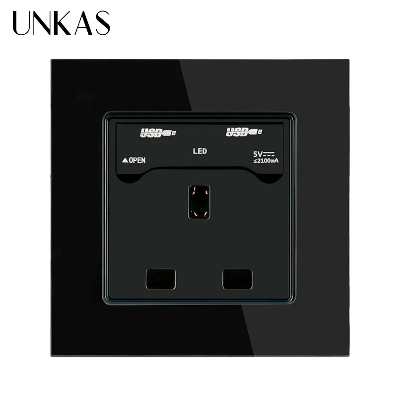 UNKAS, 2100mA, двойной USB разъем, зарядное устройство, порт для мобильного питания, розетка стандарта Великобритании, настенная розетка, 3 отверстия, розетка питания - Тип: Black