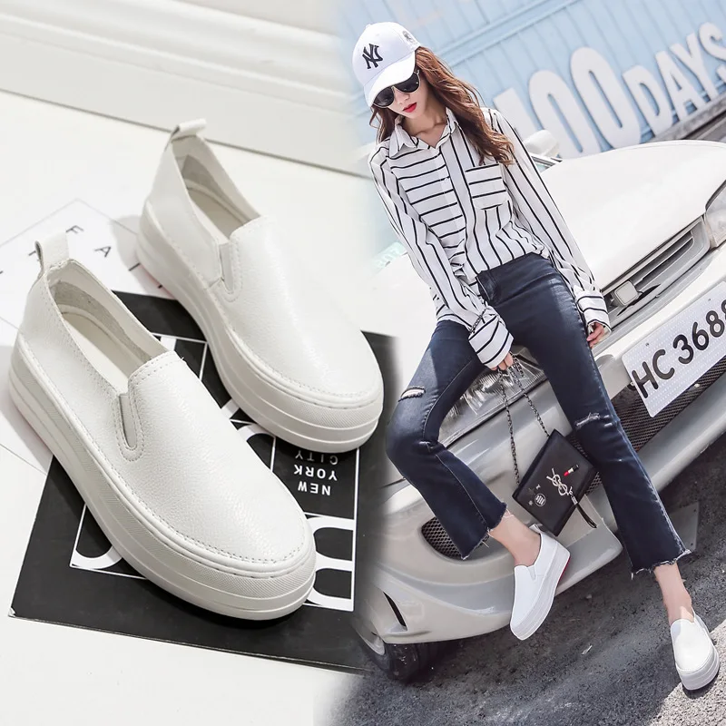 

2018 Spring Platform Genuine Leather White Shoes Korean-style Slimming Casual Platform Shoes Lazy Slip-on Loafers Women's Fashio