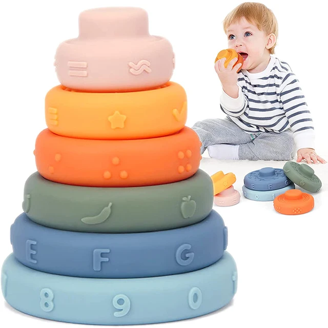 Silicone Teether For Baby 0 12 Months Rainbow Building Blocks Stacking Game For Kids 1 To 2 Year Baby Boy Grasp Blocks Cube Gift 1