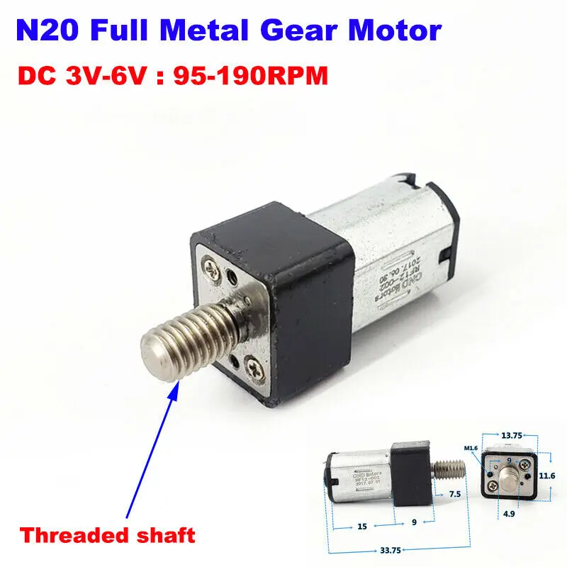 Маленький мини N20 полностью металлический редуктор Мотор DC 3V 5V 6V 95RPM-190RPM медленная