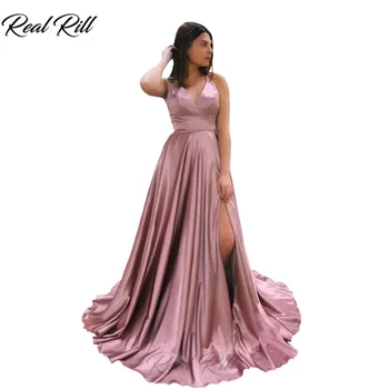 

Real Rill V-neck Spaghetti Strap Evening Dress 2019 Side Split Lace Up Back Floor Length Long Dress For Party Satin Formal Dress