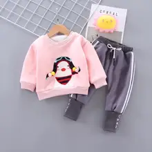 Детская зимняя одежда для детей, с рисунком пингвина из мультфильма комплекты теплой одежды костюмы для мальчиков и девочек, толстая футболка для девочек+ штаны, наряды для маленьких детей тренировочный костюм 2 шт./компл. спортивный костюм