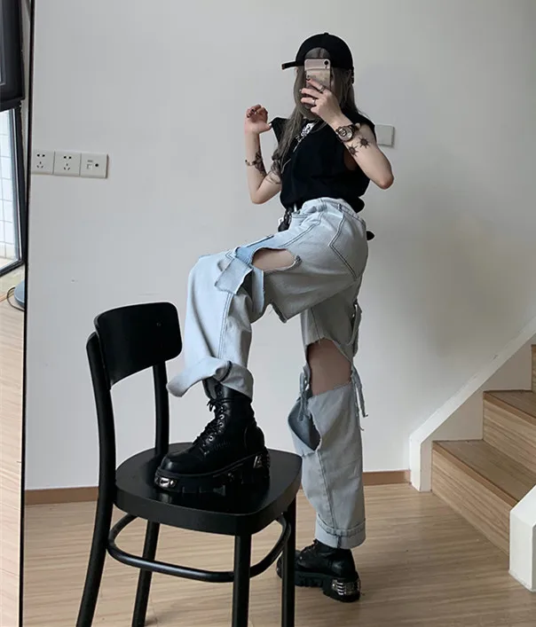 WHITNEY WANG Jeans Autumn Fashion Streetwear Ripped Frayed Holes Jeans Women High Street Denim Pants